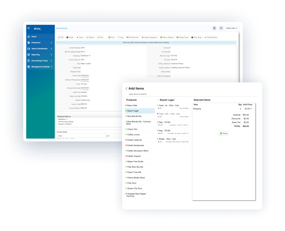 screenshot of an invoice in ekos