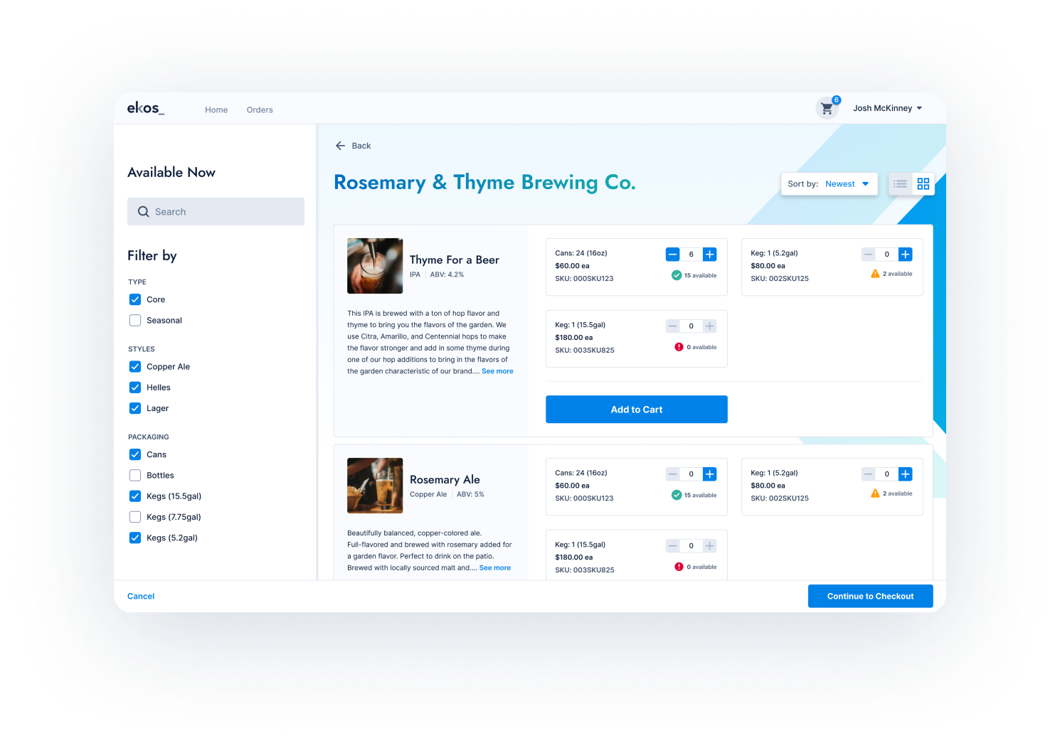 screenshot of order hub module in ekos brewery software