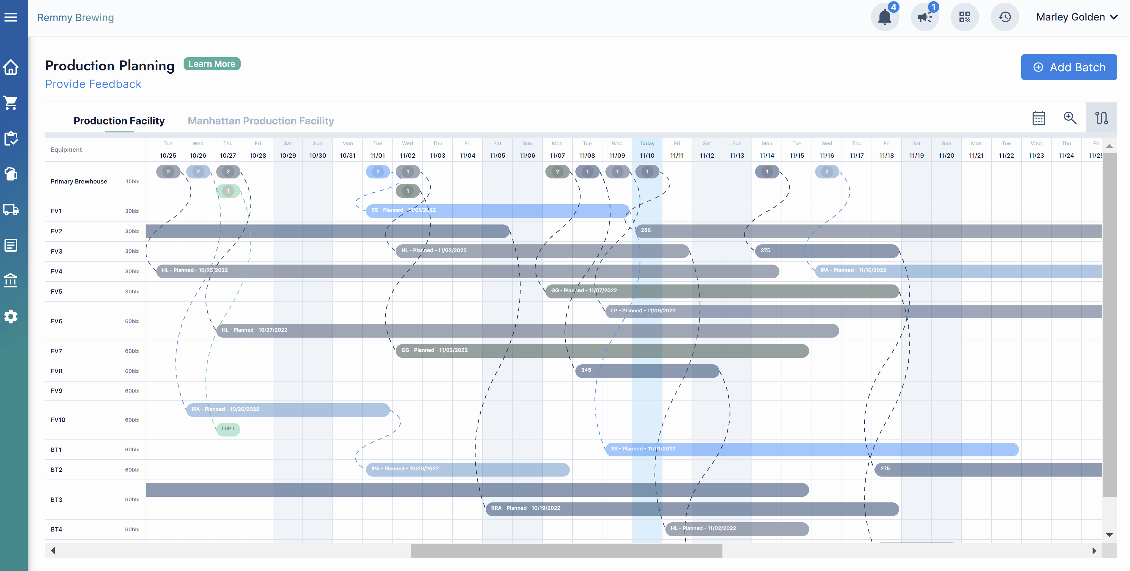 screenshot of production planning module in ekos brewery software
