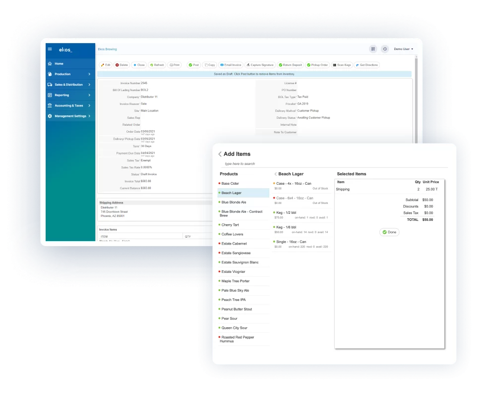 screenshot of an invoice in ekos