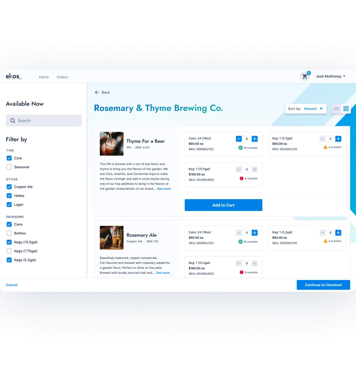 Ekos Order Hub example view of beverage distribution software dashboard